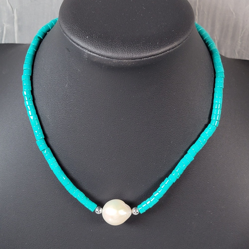 LUC Sterling Silver Turquoise Pearl Heishi Bead Necklace Jewelry